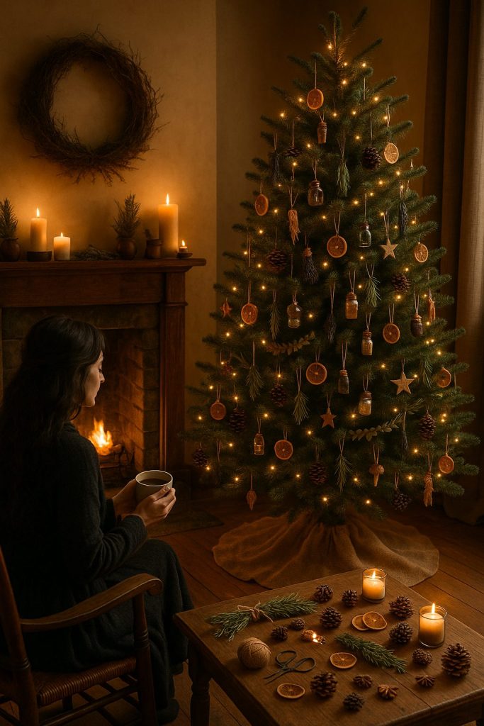 Woman sitting by a fireplace with a natural decorated Christmas tree and warm candlelight.