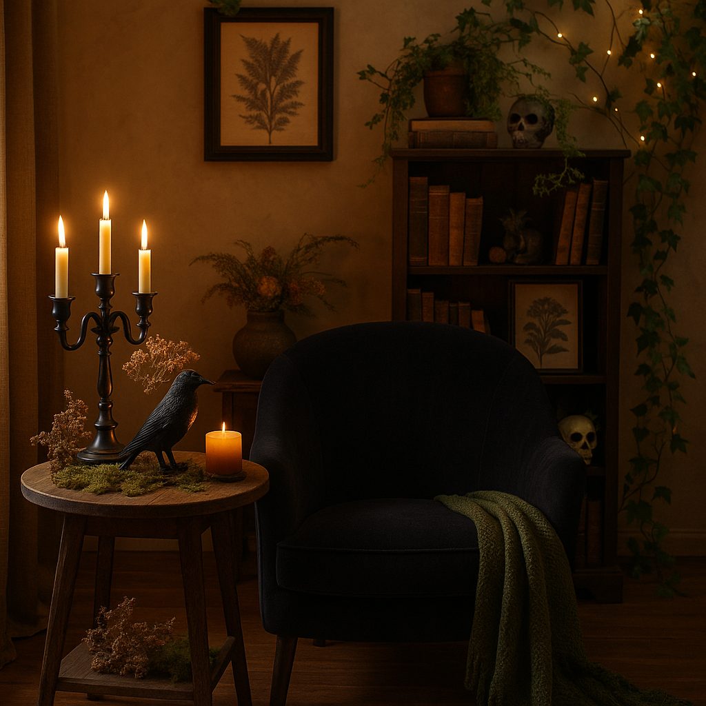 Dimly lit cozy room with black armchair, candles, raven figurine, vintage books, plants, and skull decor.