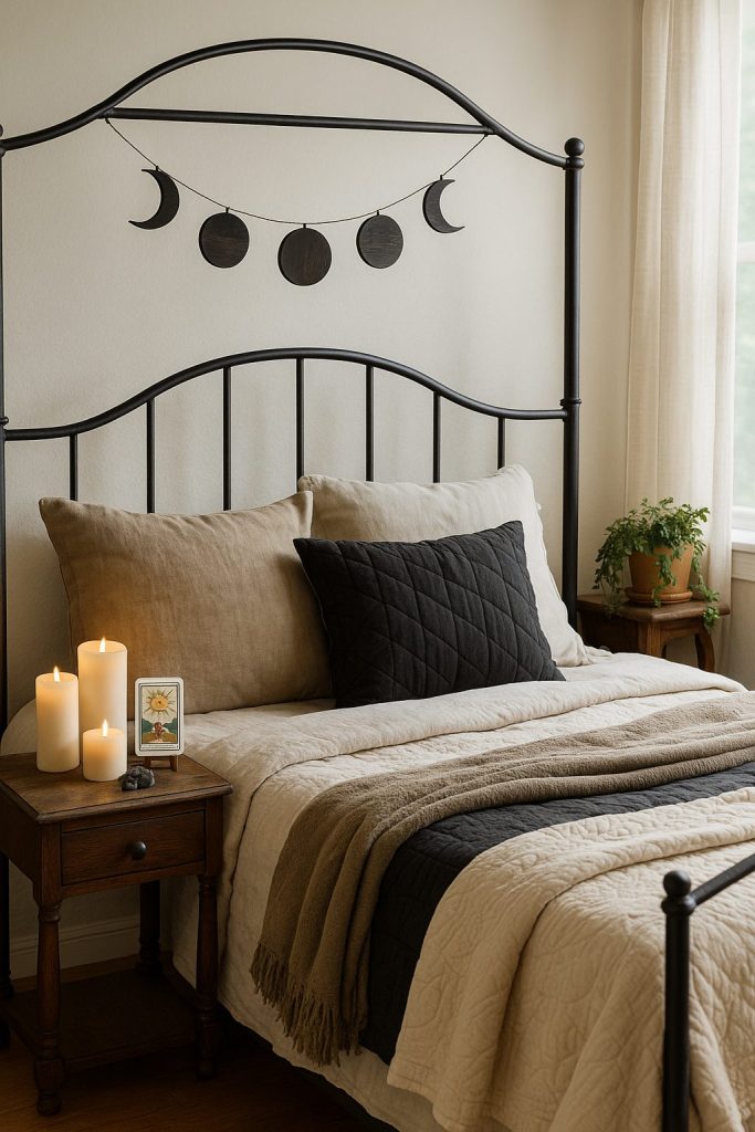 Cozy bed with neutral linens, candles on a wooden nightstand and a black metal headboard with moon decor.
