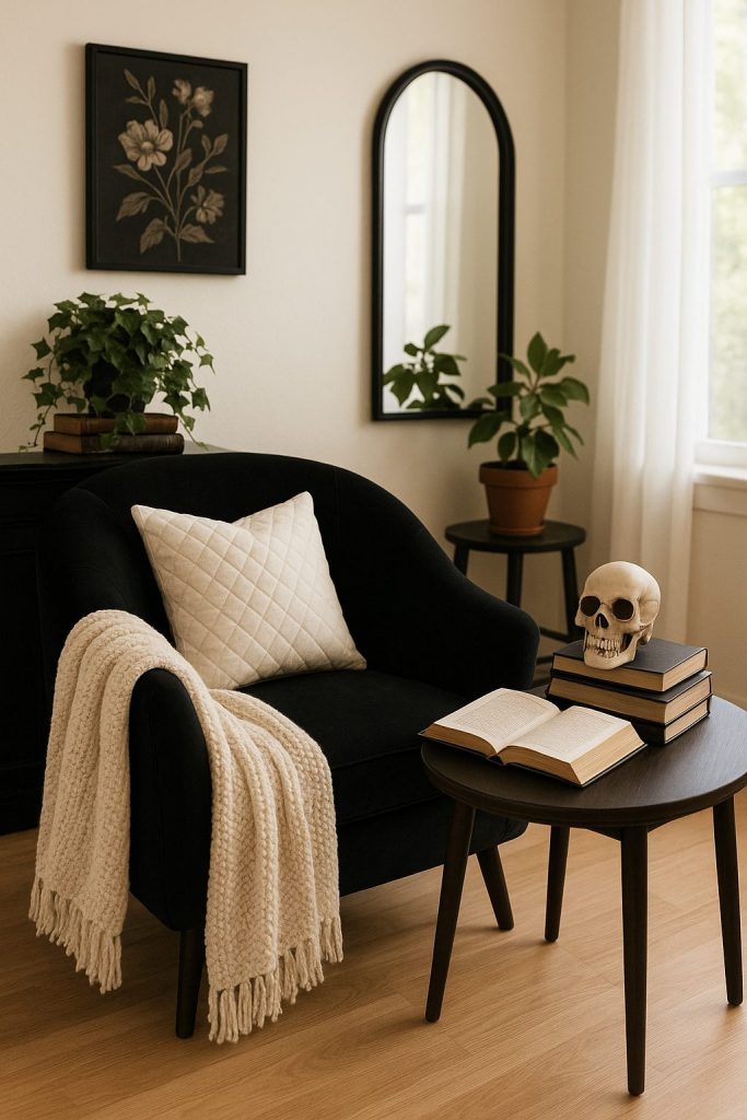 Black armchair with plants, books and a decorative skull on a small table.