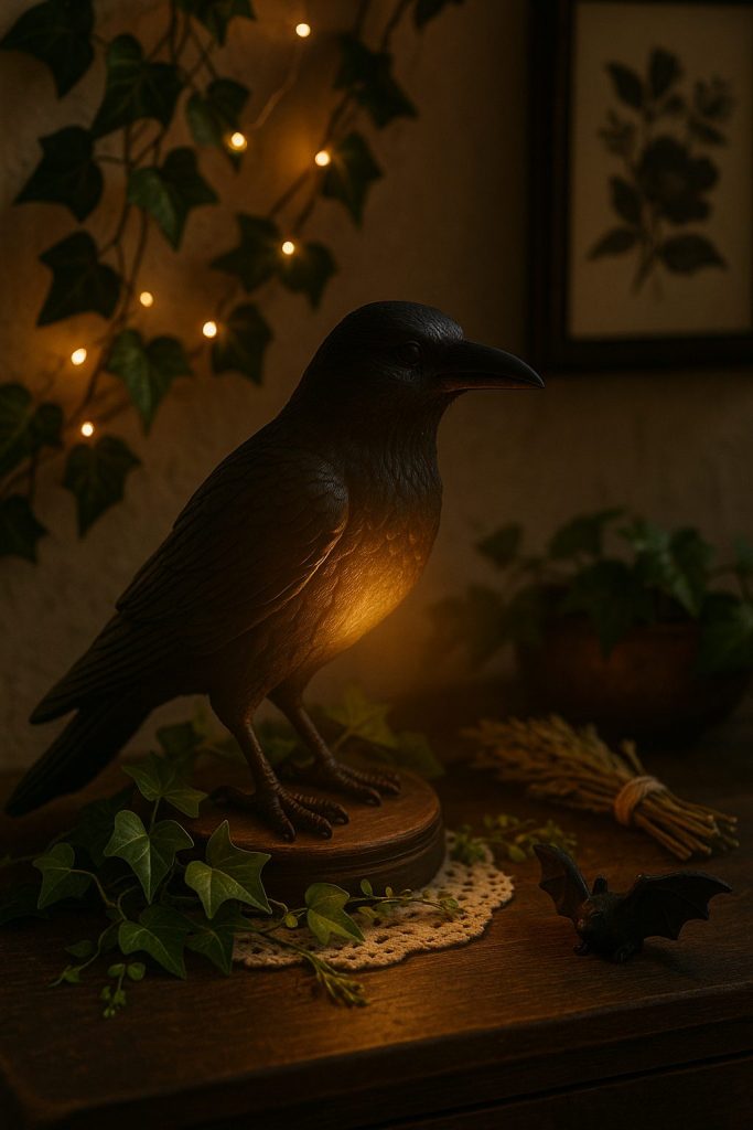 Raven statue glowing warmly on a wooden surface with ivy, lights and a small bat figurine.