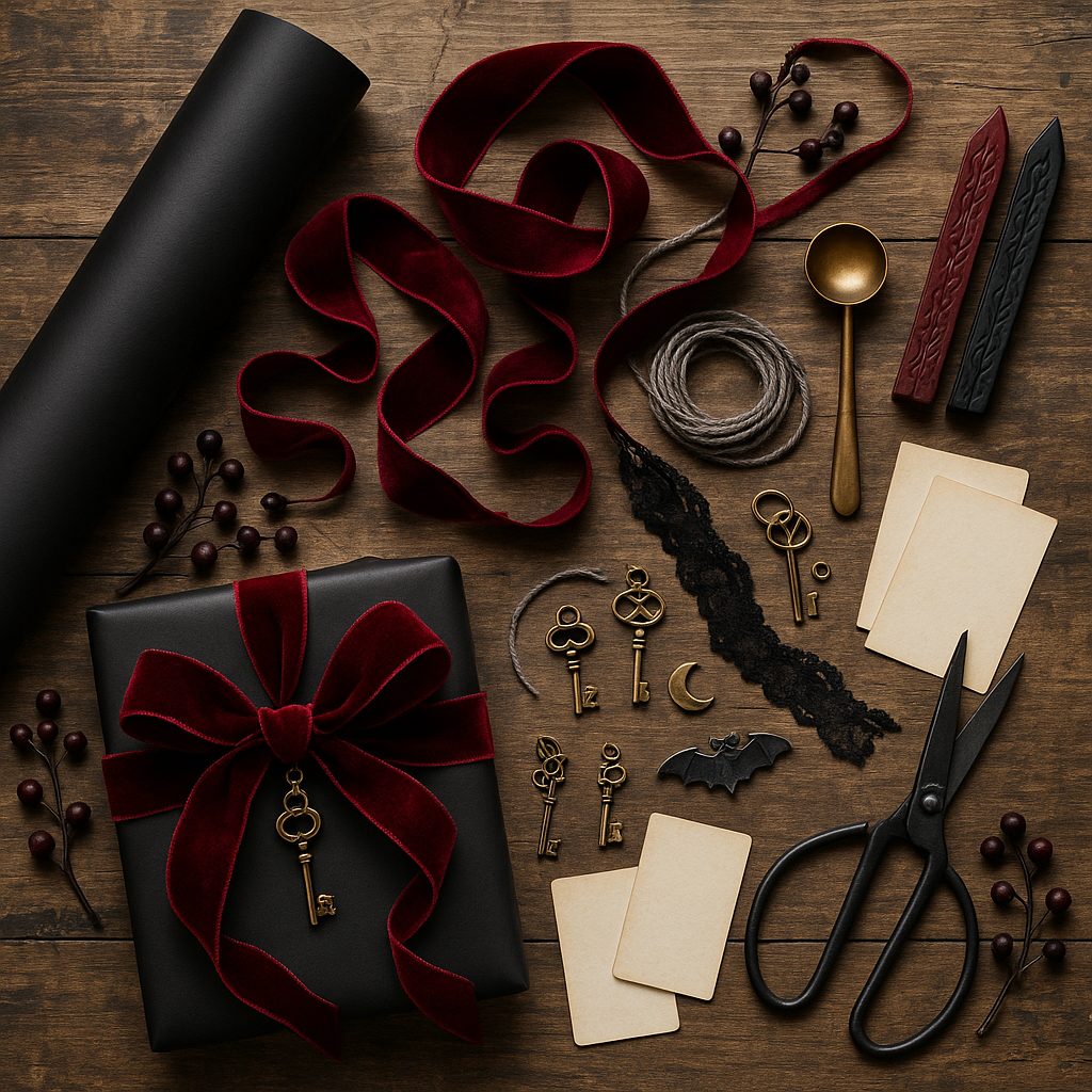 Black gift wrap flatlay with red velvet ribbon, antique keys, wax seals, lace trim and scissors.