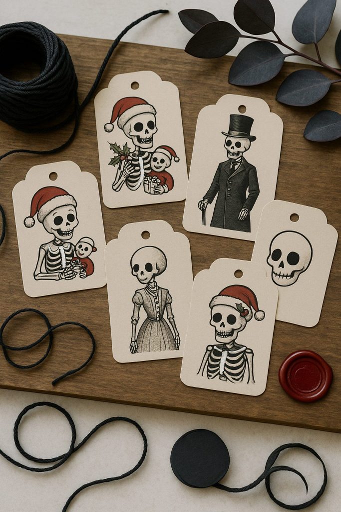 Vintage gift tags with skeleton characters in holiday outfits arranged on a wooden board with twine.