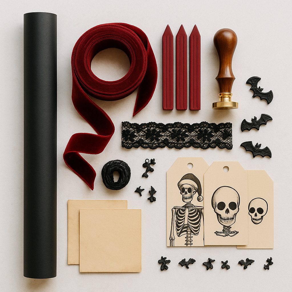 Flat lay of goth gift wrapping supplies with red ribbon, wax sticks, lace trim and skeleton tags.