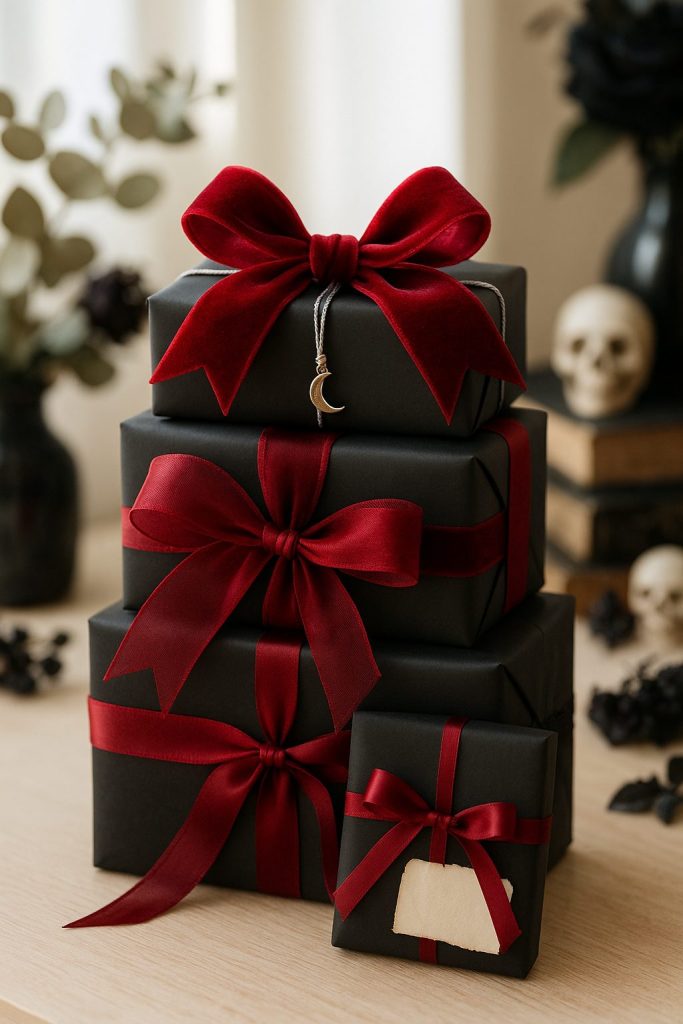 Black gift stack with red ribbons and a moon charm in daylight.
