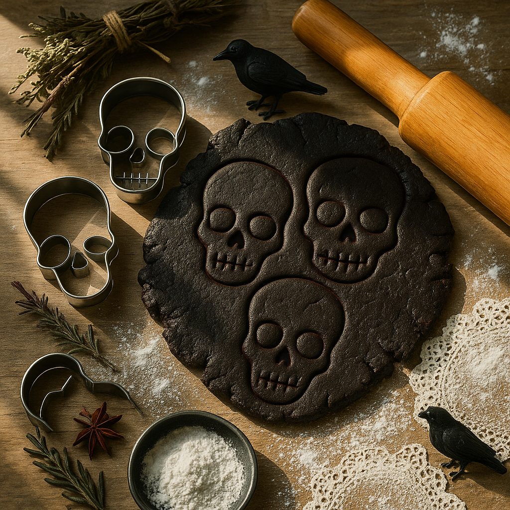 Skull cookie cutters and dark dough with skull shapes on a rustic baking surface with spices and tools.
