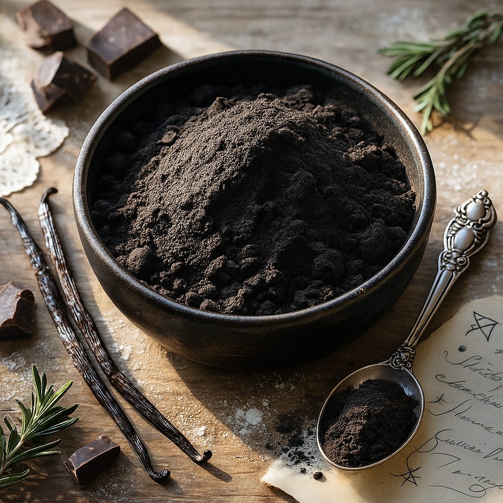 Black cocoa powder in a bowl with vanilla beans, chocolate pieces and herbs on a rustic baking surface.