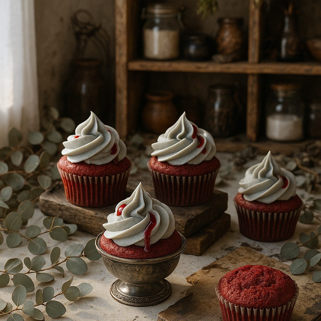 Red velvet cupcakes with grey frosting and red drizzle on rustic kitchen props.