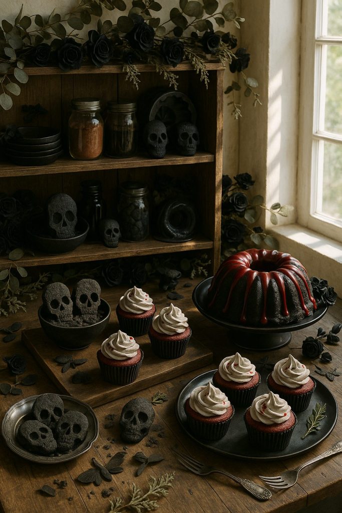 Gothic dessert spread with red velvet cupcakes, skull cookies and dark bundt cake on rustic shelves.