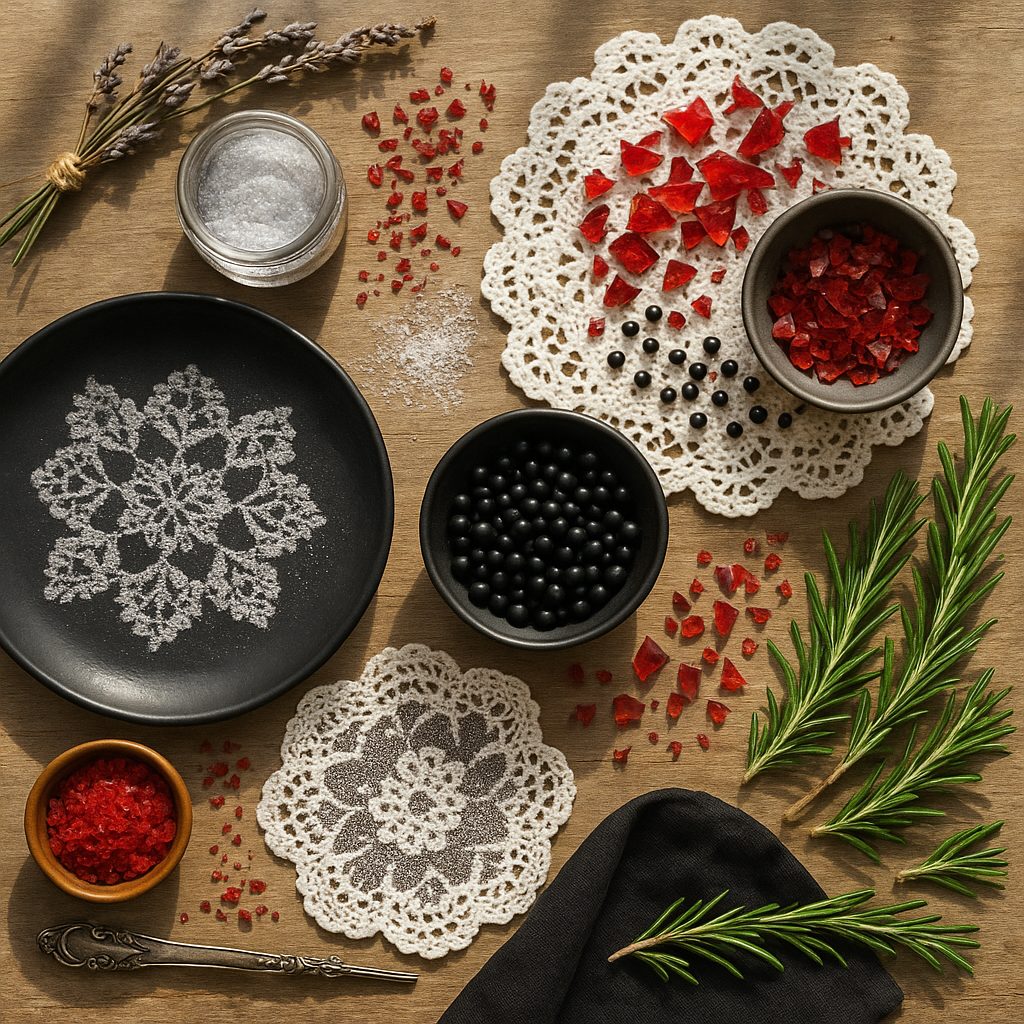 Baking decor flatlay with doilies, red sugar shards, black sprinkles and fresh rosemary.