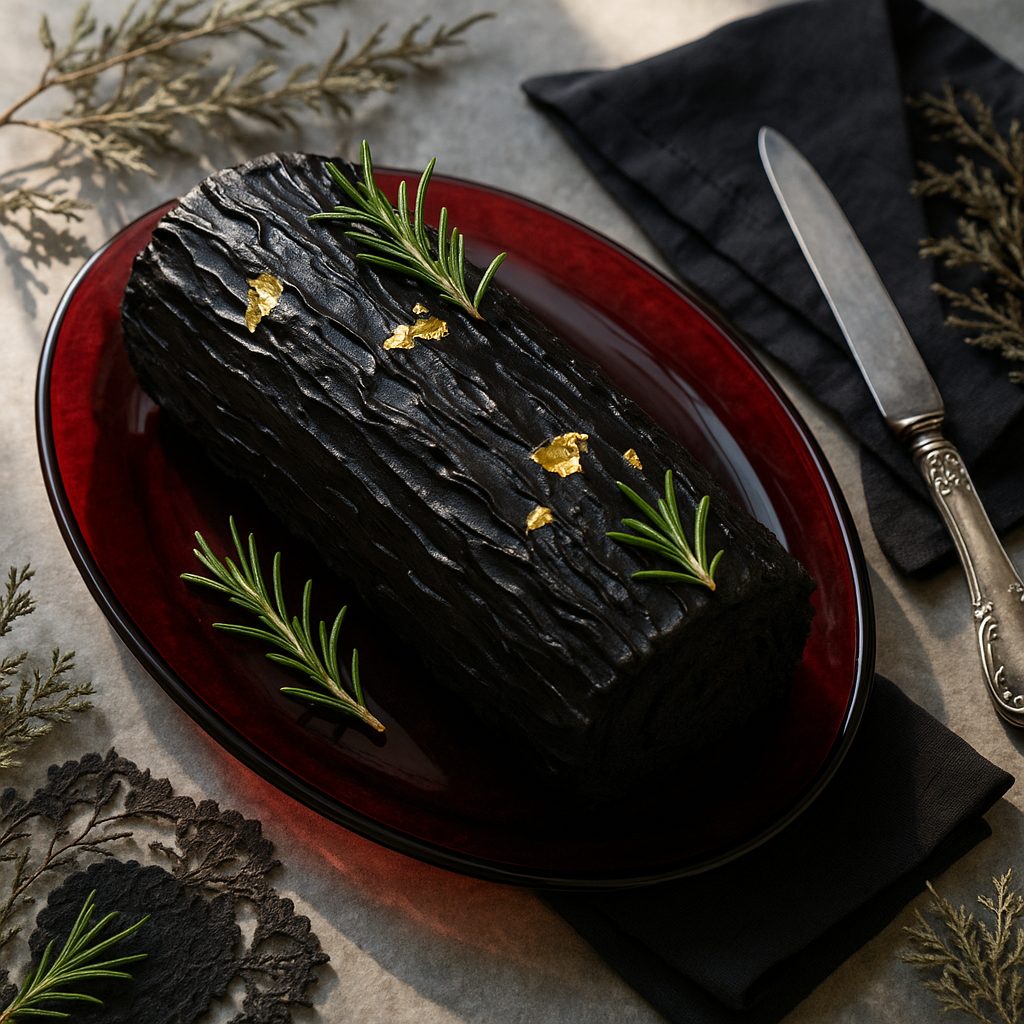 Black yule log cake with gold flakes and rosemary on a red plate with moody rustic styling.