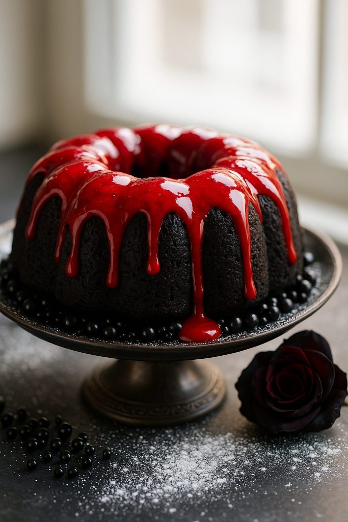 Daylight shot of a black bundt cake with glossy red glaze dripping on a silver stand and dark roses.