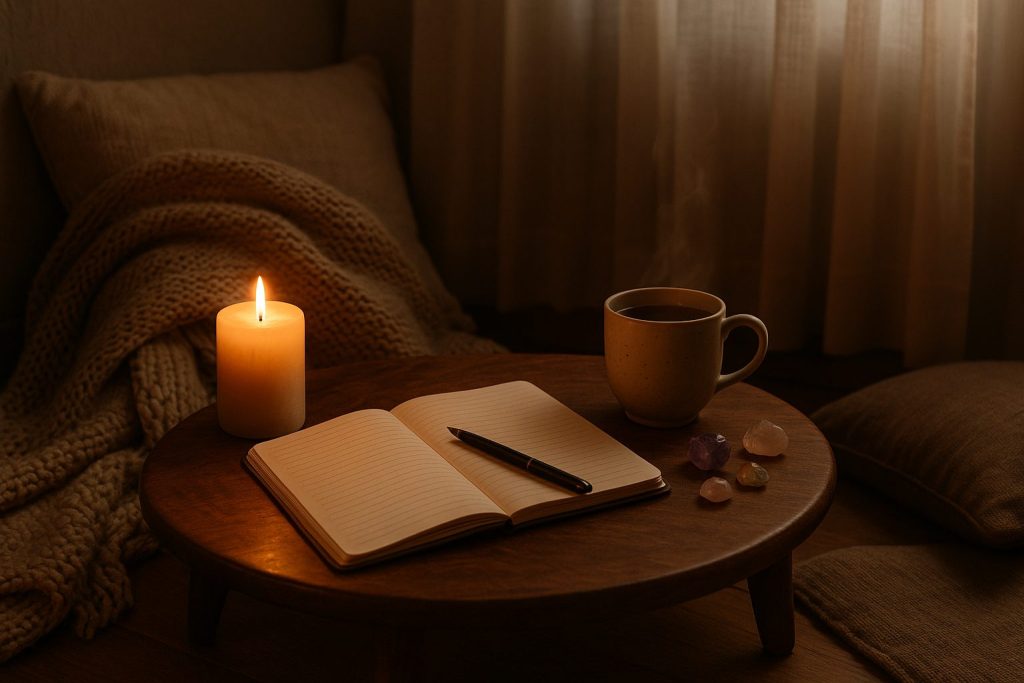 Cozy candlelit table with tea, open journal, and small crystals in warm evening light.