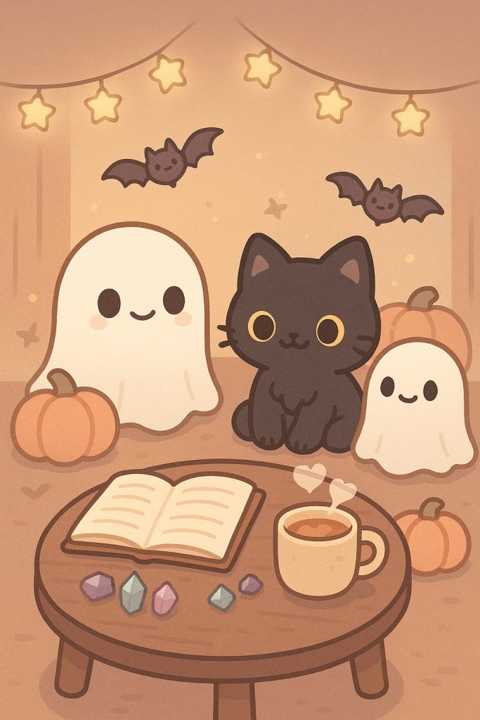 Kawaii ghosts and black cat by a cozy table with tea, journal, crystals, pastel pumpkins.