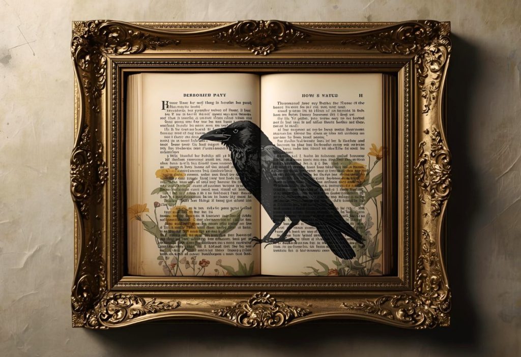Raven illustration over vintage book pages in an ornate gold frame with subtle floral accents.