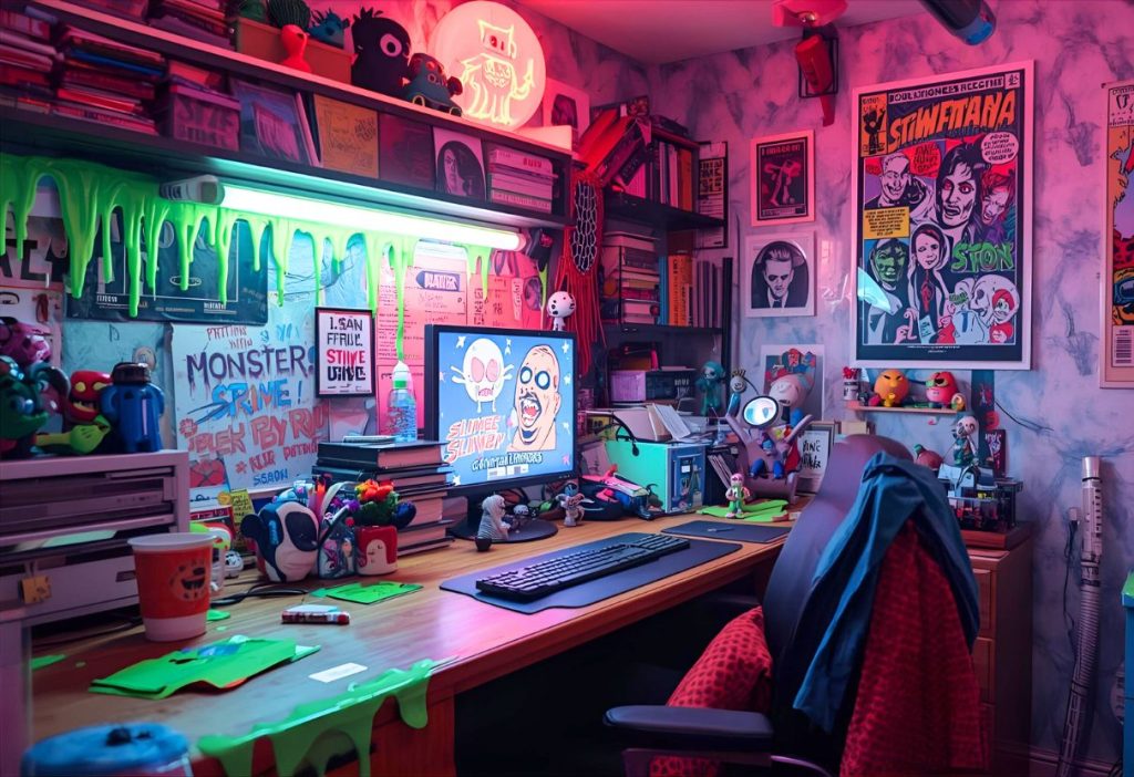 Colorful horror-themed desk with green slime decor, neon lights, posters, and quirky monster toys.