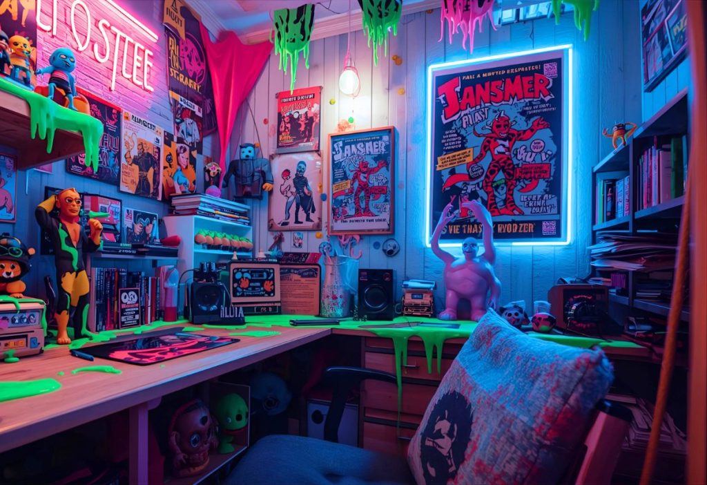 Colorful horror-themed room with neon lights, monster posters, slime decor, and quirky collectible figures.