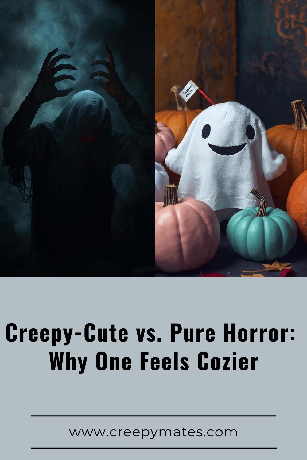 Vertical split image with dark horror scene left and cute pastel ghost plush right.