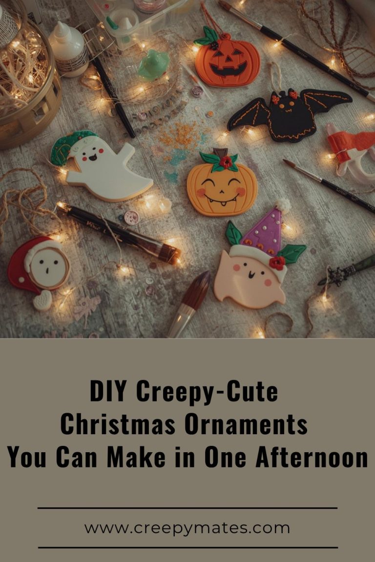 Cozy table with spooky-cute Christmas ornaments like ghosts, pumpkins, and bats surrounded by craft tools.