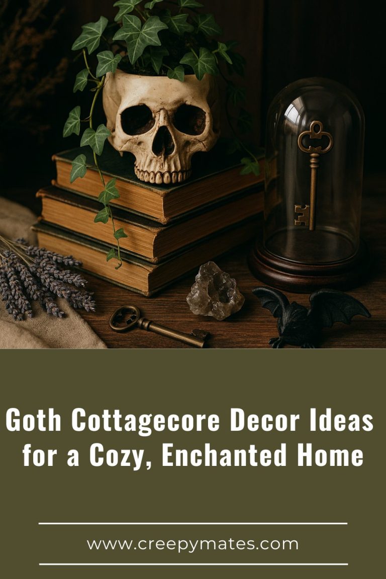 Skull planter with ivy on stacked vintage books beside a glass-covered key, crystal and small bat figurine.