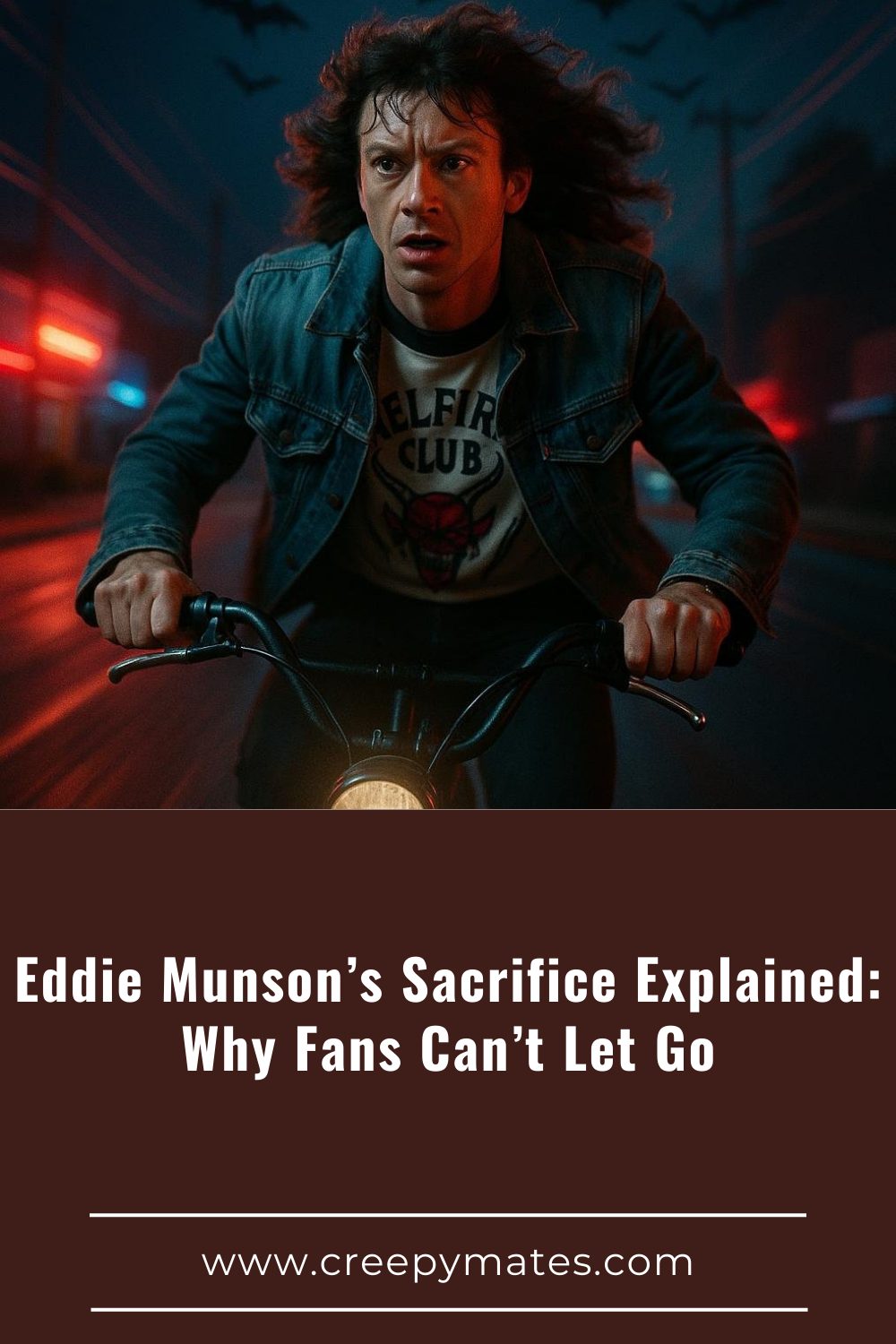 Eddie Munson bikes through a dark 80s street as bat-like creatures chase him under neon lights.