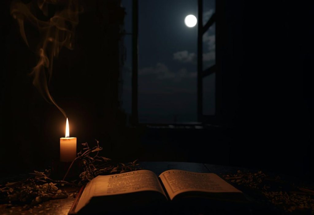 Open ritual book beside candle and herbs, moonlight through window, quiet reflective witchy scene.