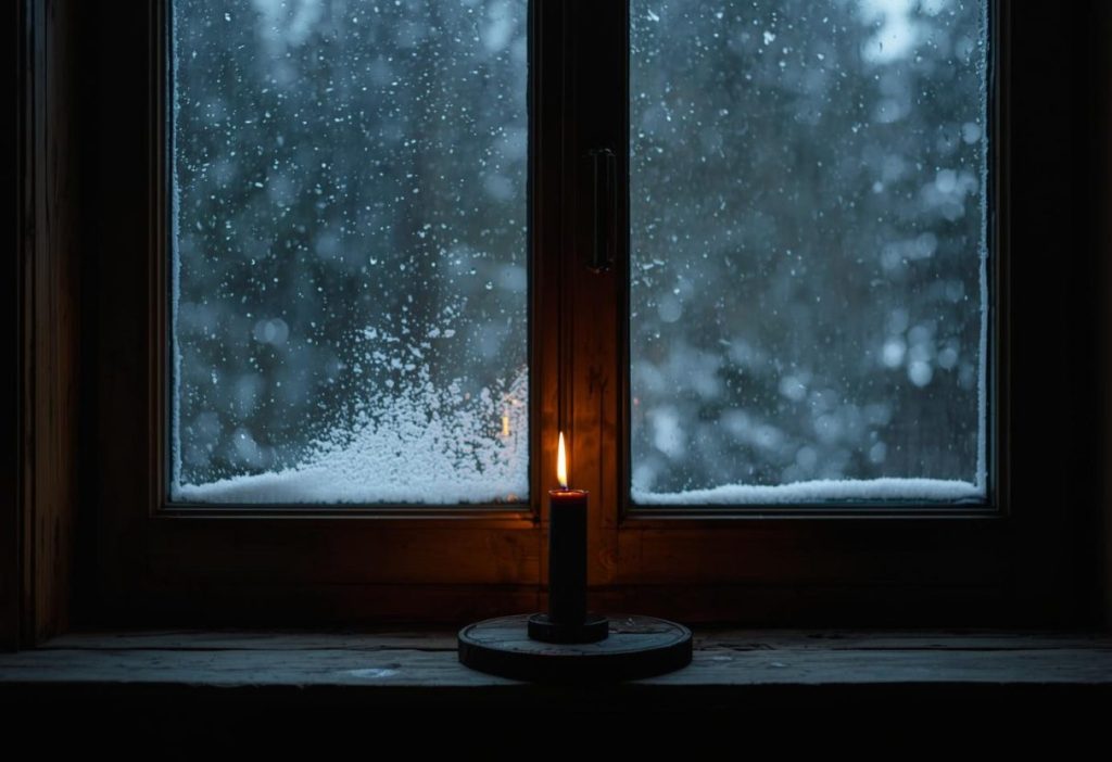Single candle glowing in winter window, warm light contrasting cold night snow outside.