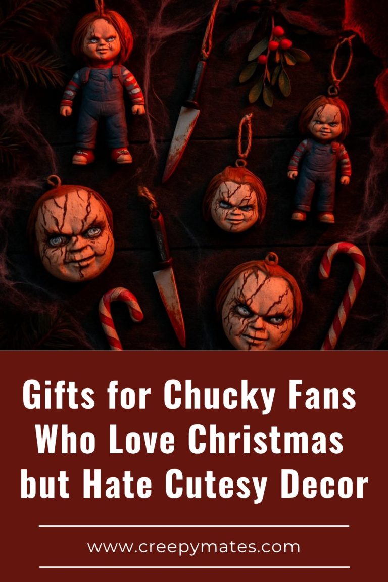 Spooky Chucky themed Christmas flat lay with horror ornaments, red lighting, and creepy festive props.