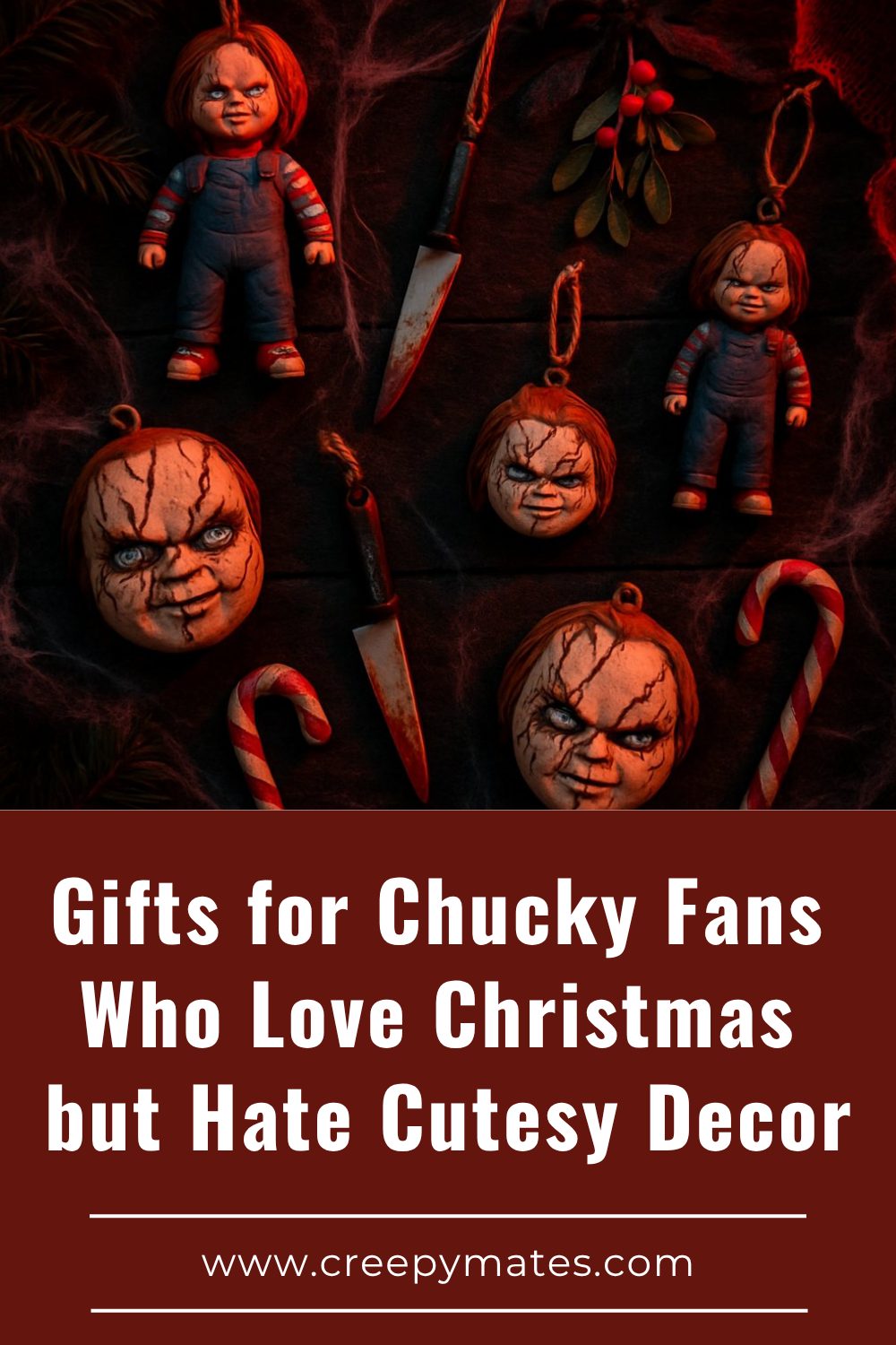 Spooky Chucky themed Christmas flat lay with horror ornaments, red lighting, and creepy festive props.