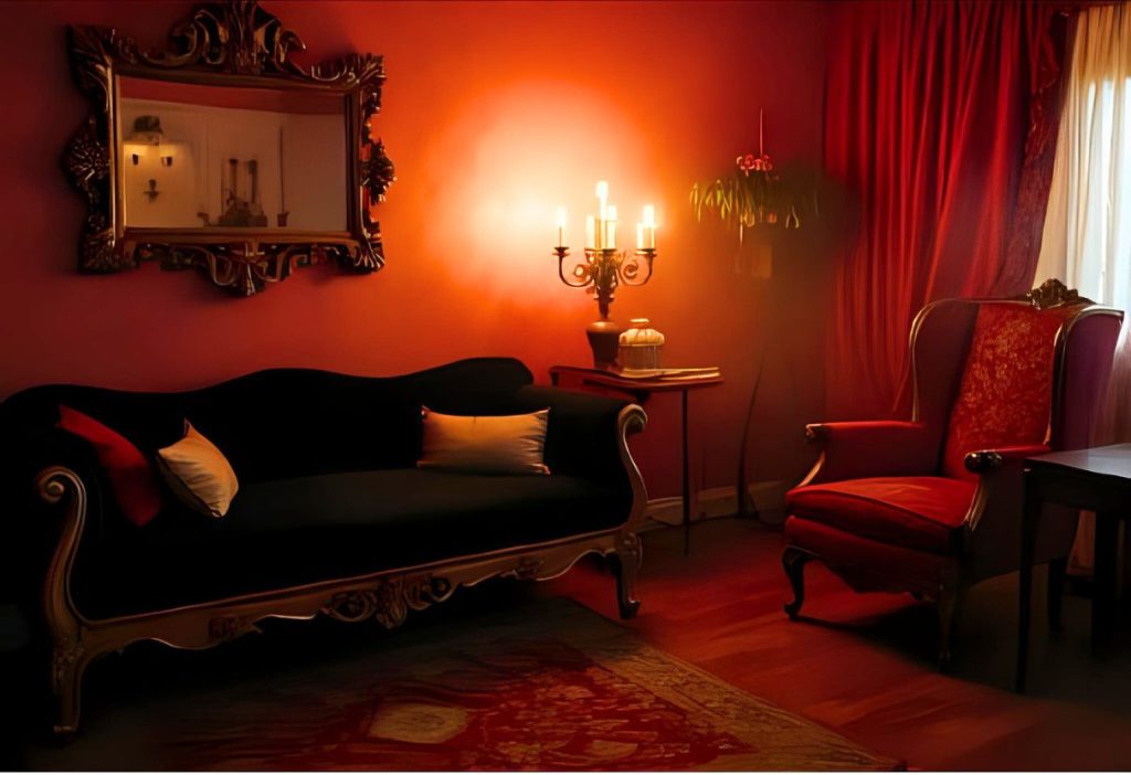 Gothic living room with red walls, black sofa, red armchair, ornate mirror, and warm candlelight.