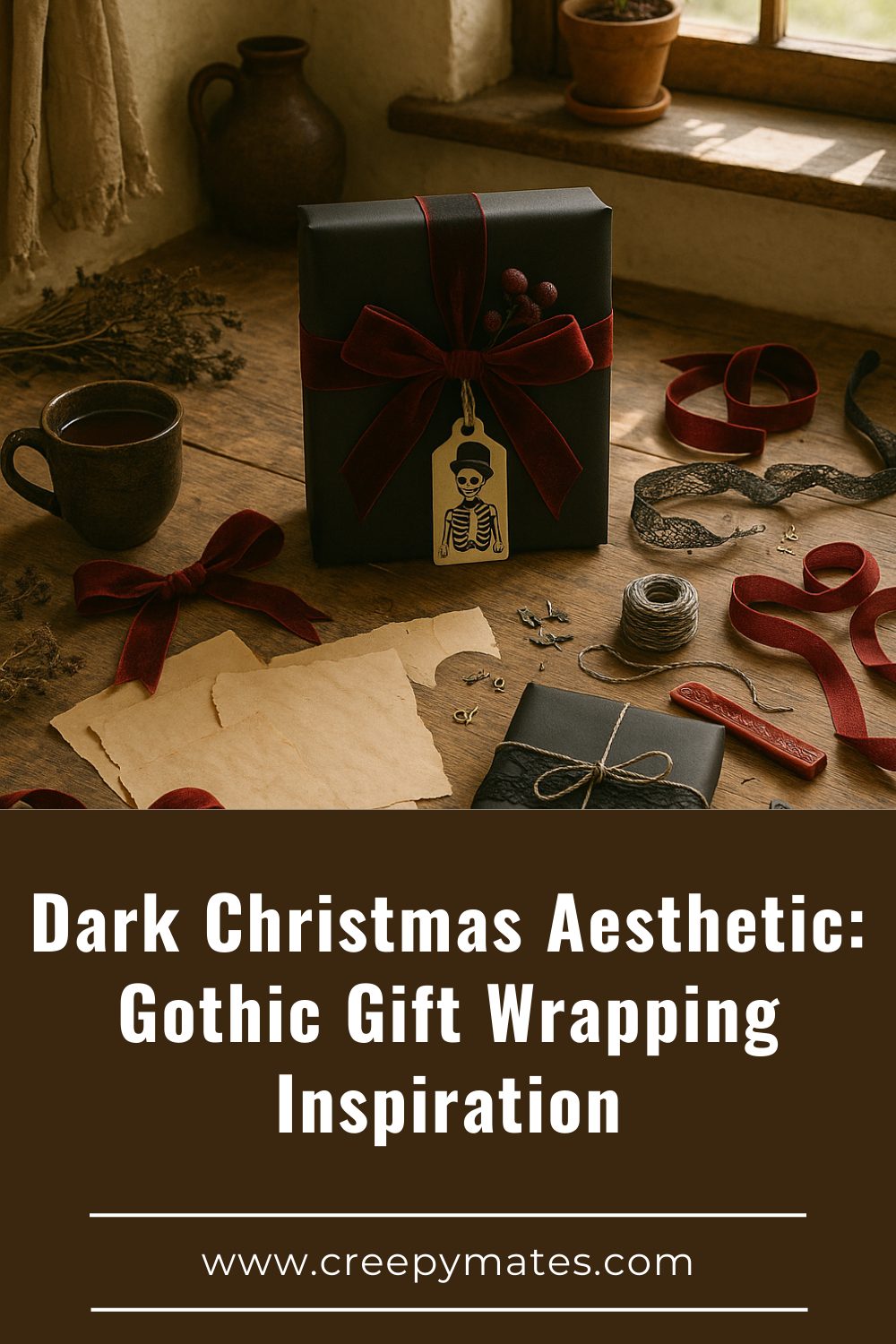 Daylit rustic table with black gift, red velvet ribbon, skeleton tag and wrapping supplies.