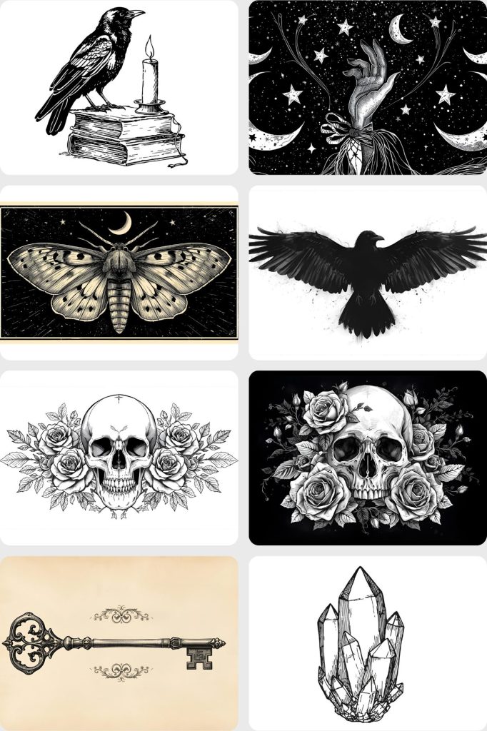 A collage of spooky black and white illustrations featuring ravens, skulls, roses, crystals, and a moth.