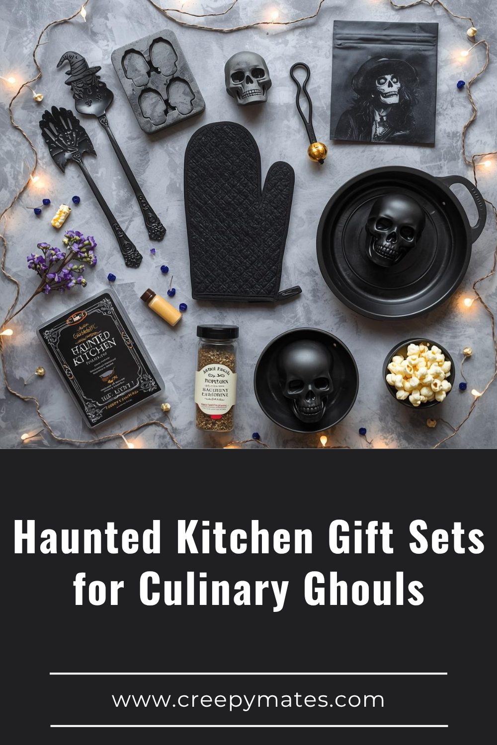 Creepy-cute kitchen gift bundle display with skull tools, witchy utensils, and spooky cooking items.
