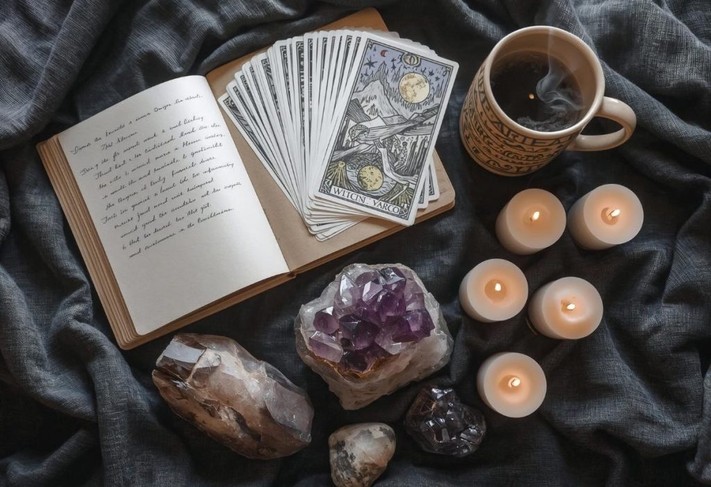 Witchy flat lay with journal, tarot cards, coffee mug, and candles in cozy soft lighting.