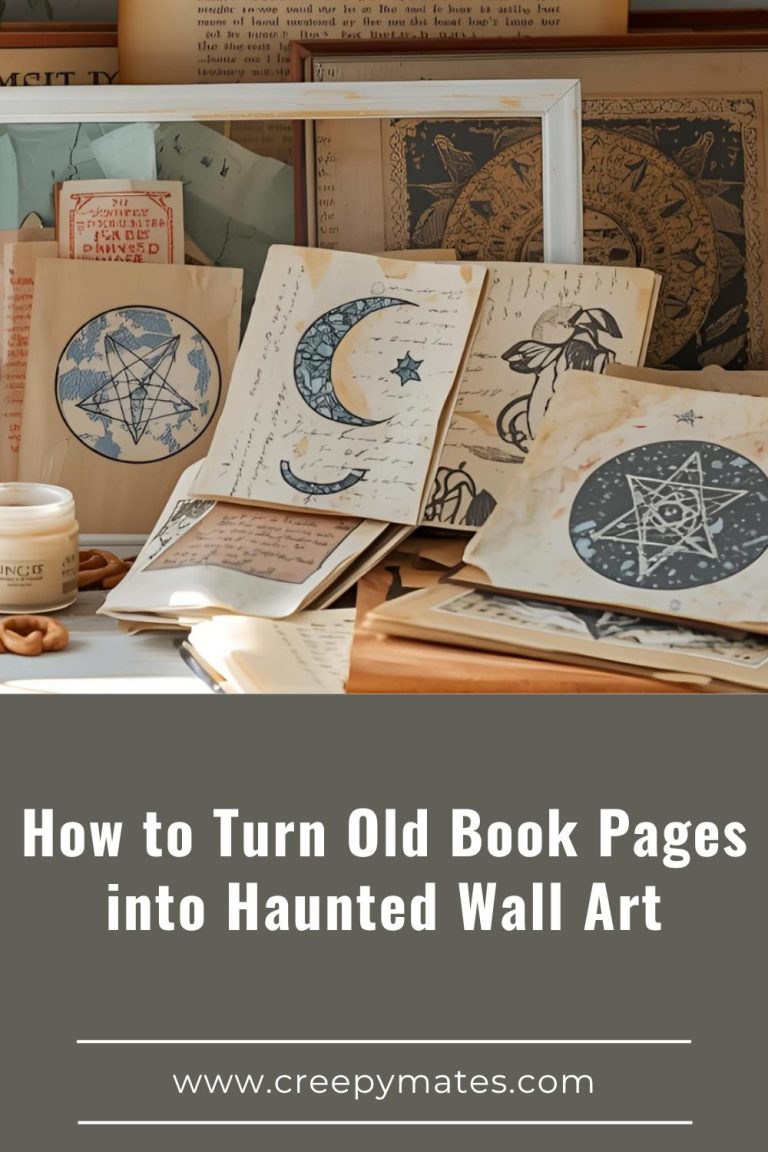 Vintage witchy sketches of moons, stars, and symbols arranged on aged papers with frames behind them.