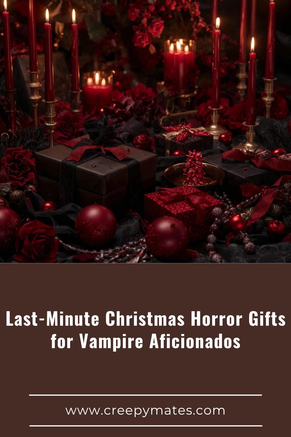 Vampire Christmas setup with gothic decor, red candles, black gifts, and blood-red candlelight