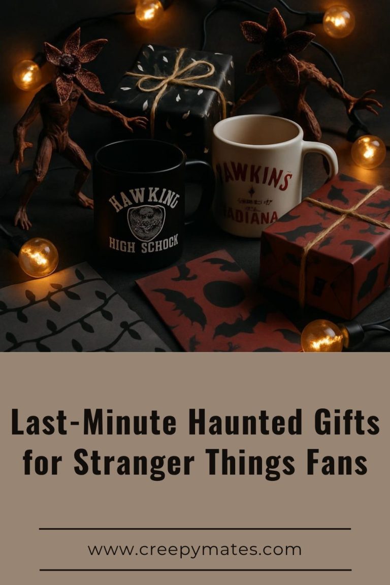 Moody collage of Stranger Things gifts like retro lights, Demogorgon figures, Hawkins mugs, and spooky wrap.