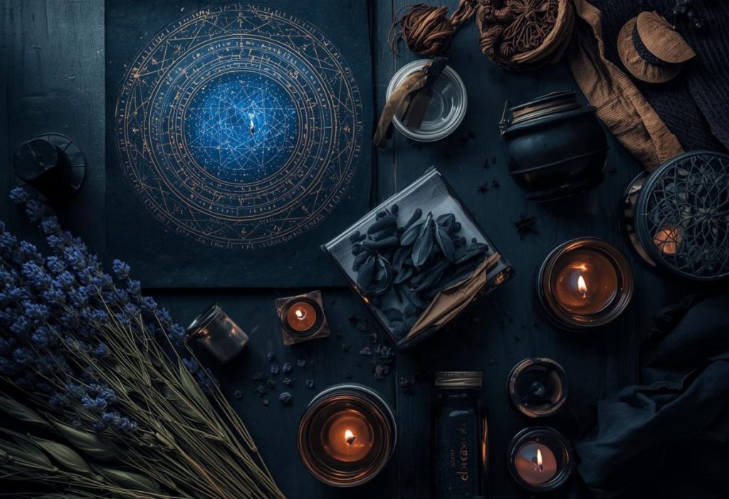 Celestial wall art and apothecary jars with herbs and candles, elegant witchy home decor.