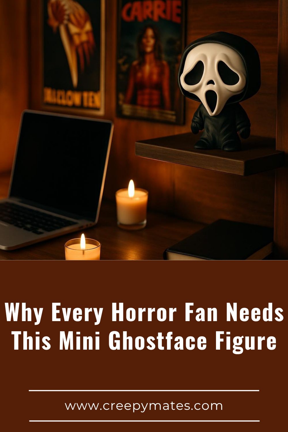 Cozy desk with horror memorabilia, small candles, and a mini Ghostface figure.