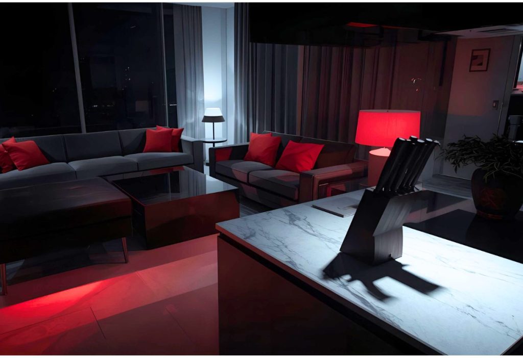 Modern living room with black and red decor, marble counter, knife block, and moody red lighting at night.