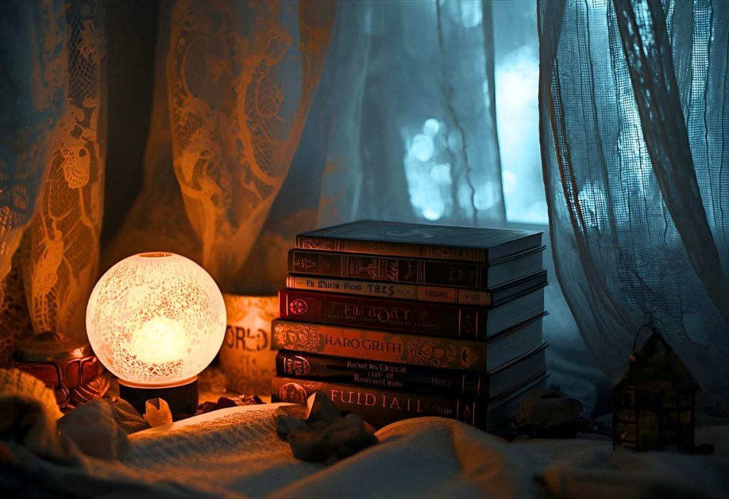 Glowing orb lamp beside stacked books and lace curtains in a cozy, mystical reading nook.