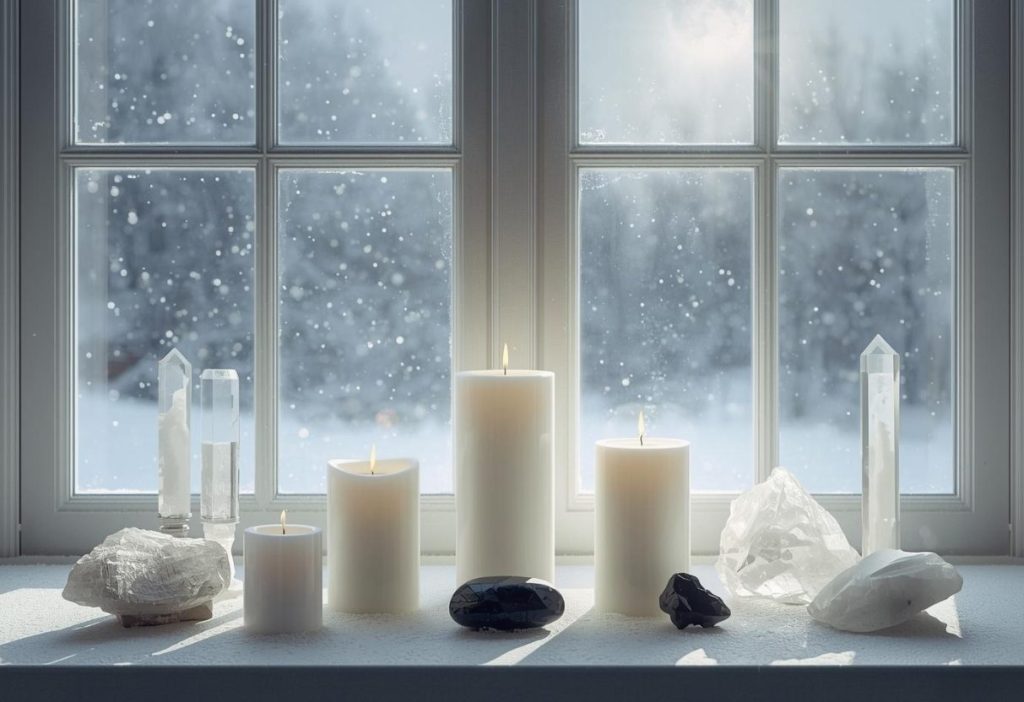 Winter altar with candles and crystals glowing under moonlight in calm snowy setting.