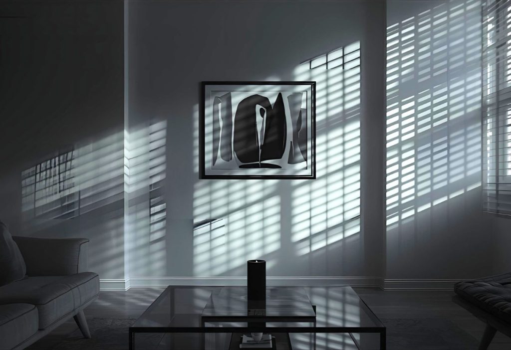 Minimalist gray living room with abstract black artwork, glass table, and window shadows on the walls.