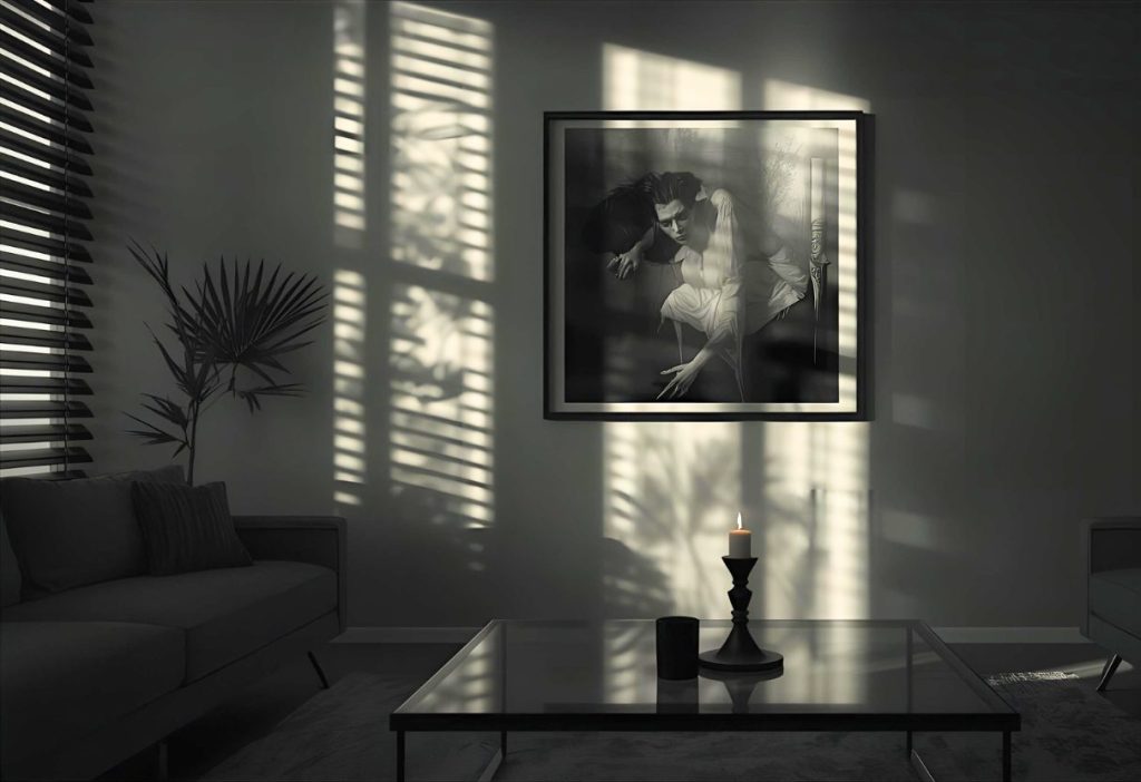 Minimalist dark living room with candle on glass table, shadowed blinds, and eerie black-and-white portrait.