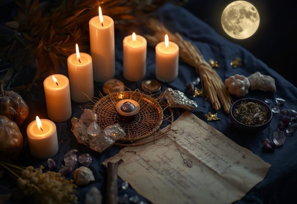 Full moon altar with candles, crystals, and herbs glowing softly under moonlight.