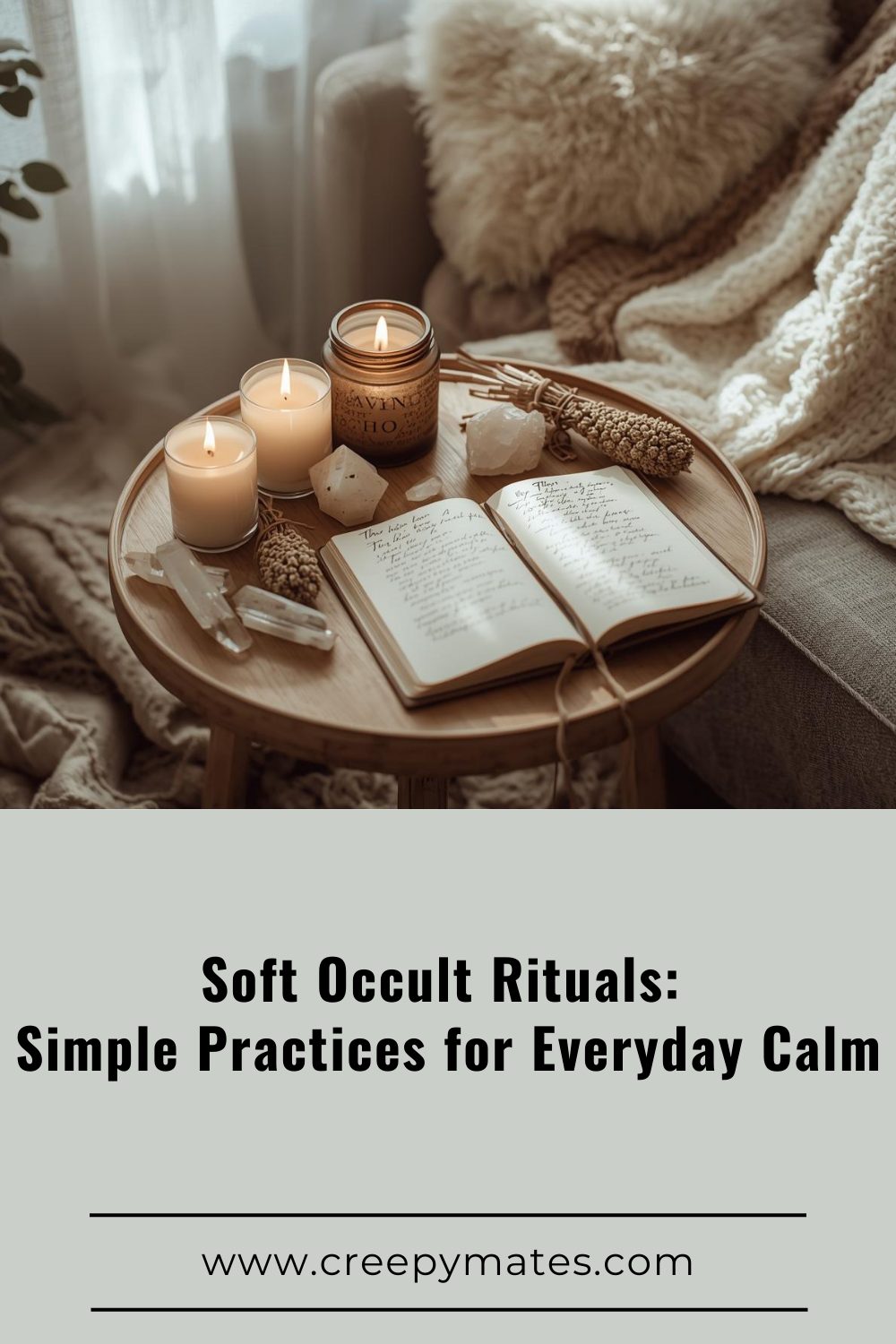 Cozy soft occult altar with candles, crystals, herbs, open journal in morning light.