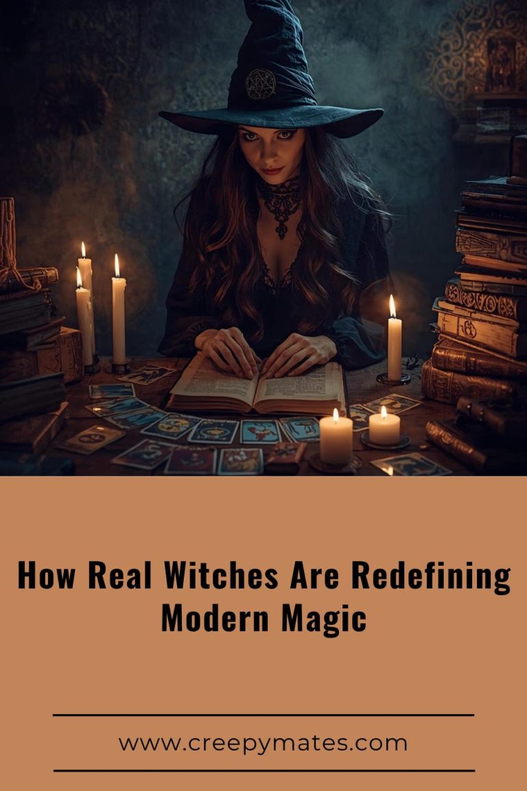 A modern witch in candlelit room surrounded by tarot cards and books.