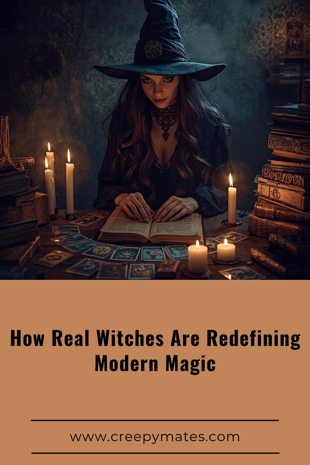 A modern witch in candlelit room surrounded by tarot cards and books.