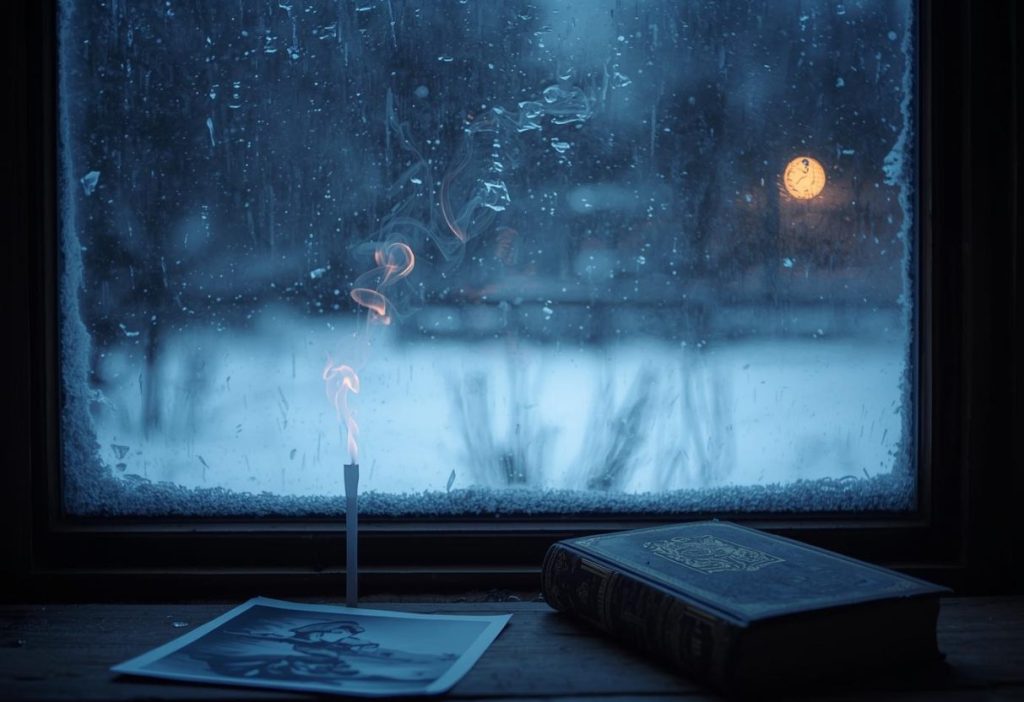 Snowy night with incense and old photo by window, evoking ancestral warmth and silence.