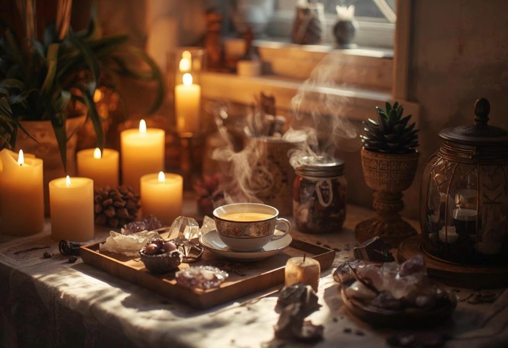 Kitchen altar with candles, tea, and crystals glowing warmly, cozy everyday witch vibe.